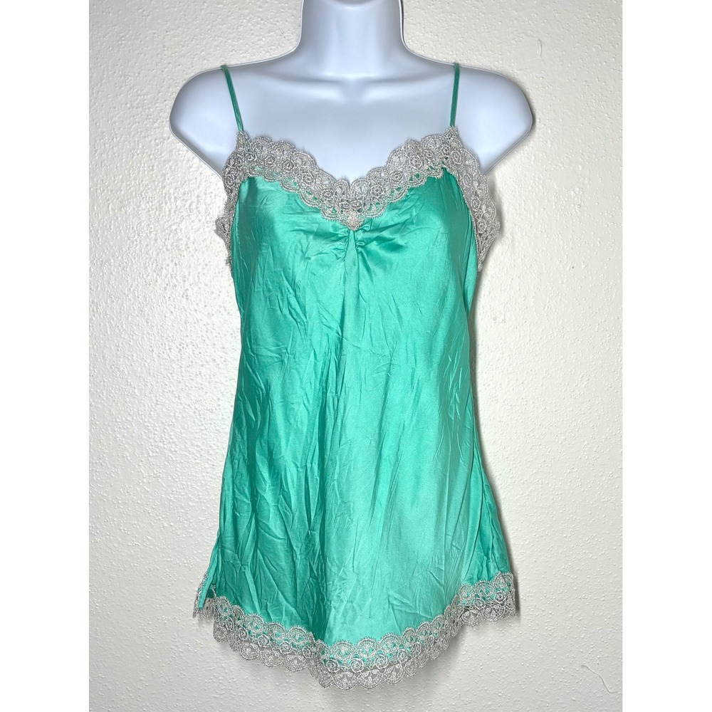 VTG Charlotte Y2K Seafoam Green 100% Silk Cami Top Medium Crochet Trim EUC - Picture 1 of 7